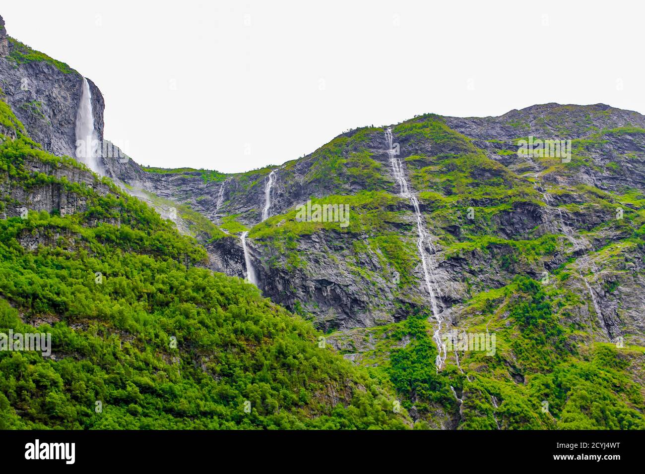 Waterfalls in Aurlandsfjord Aurland Vestland Sognefjord in Norway. Stock Photo