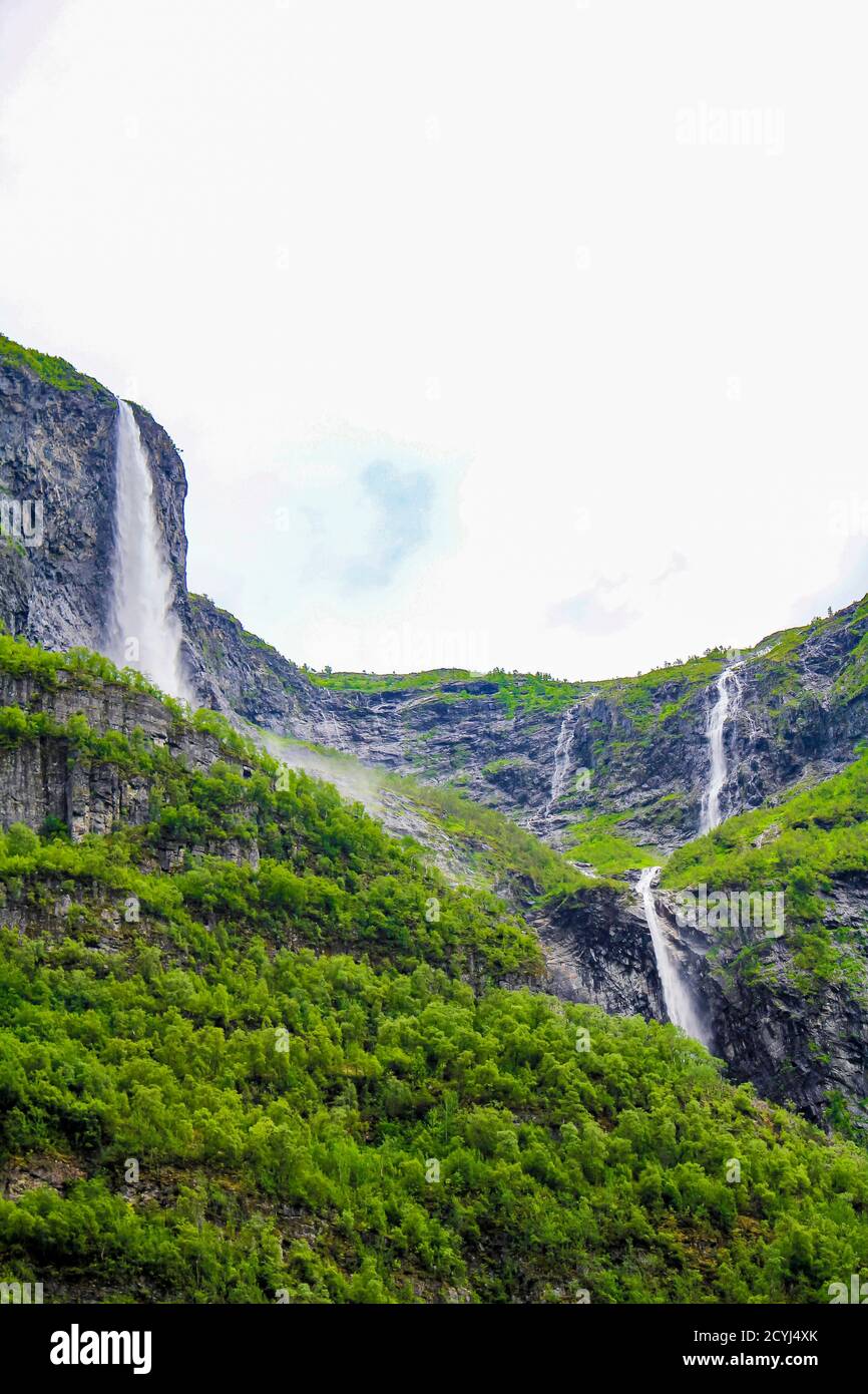 Waterfalls in Aurlandsfjord Aurland Vestland Sognefjord in Norway. Stock Photo