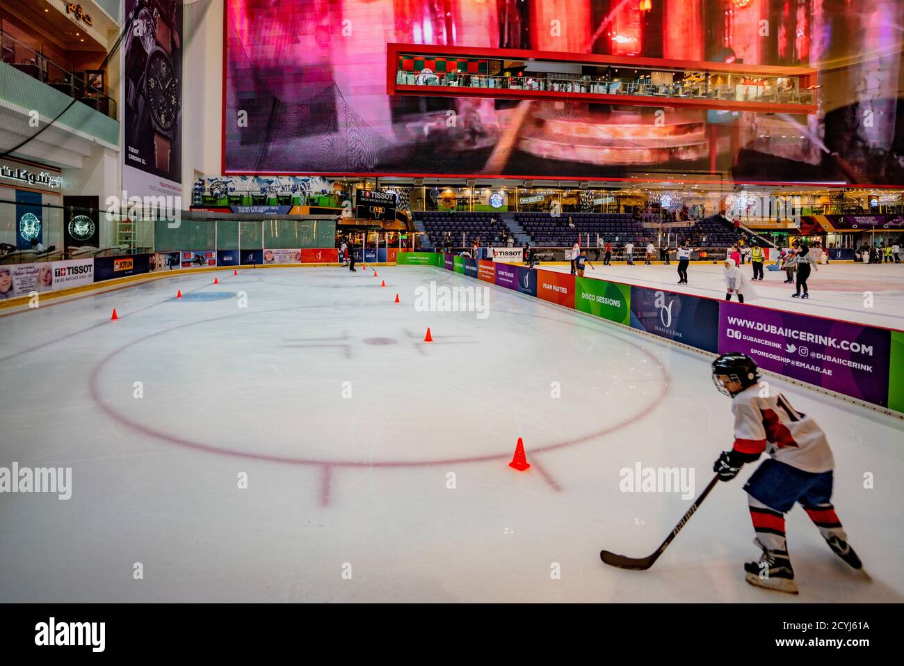 DUBAI, UAE, MAR 19, 2018 Ice hockey team practices at indoor skating