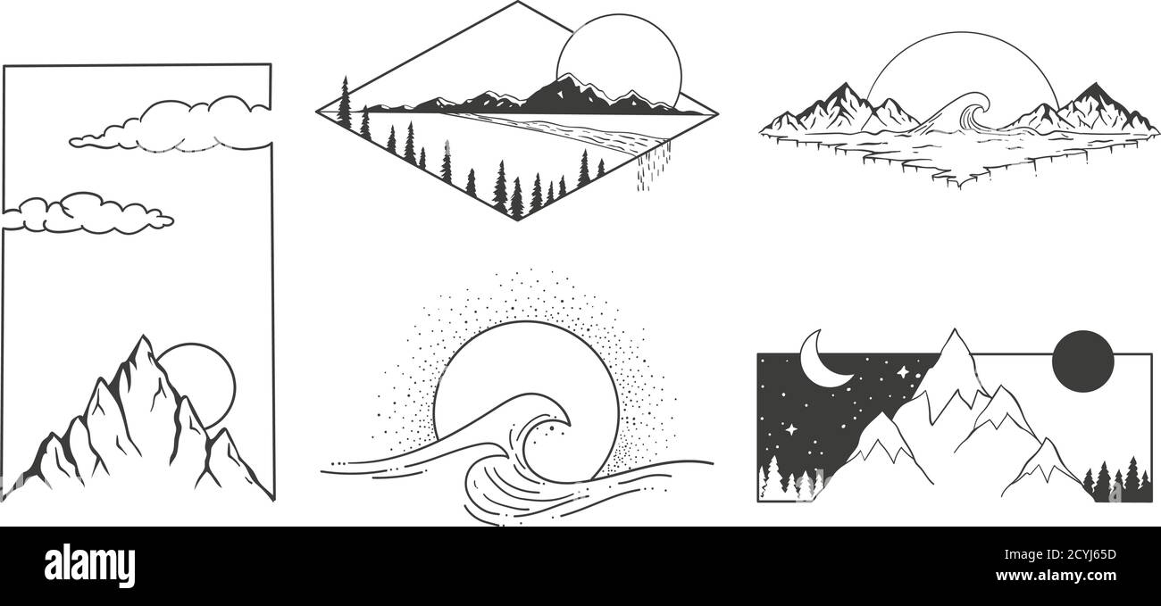 Mountains, sun and clouds. Set of vector pattern. Stock Vector
