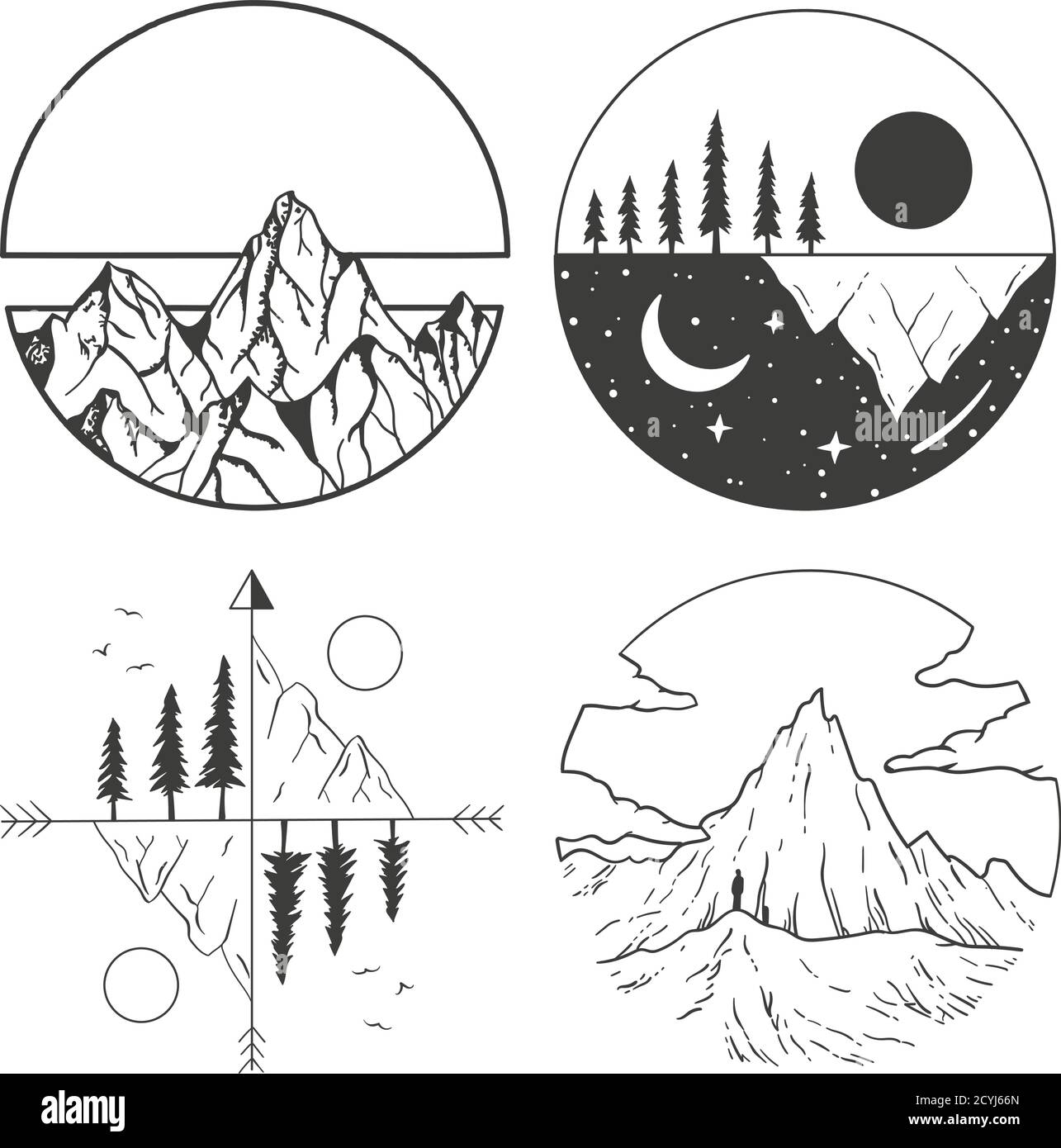 Mountains, sun and clouds in geometric shapes. Stock Vector