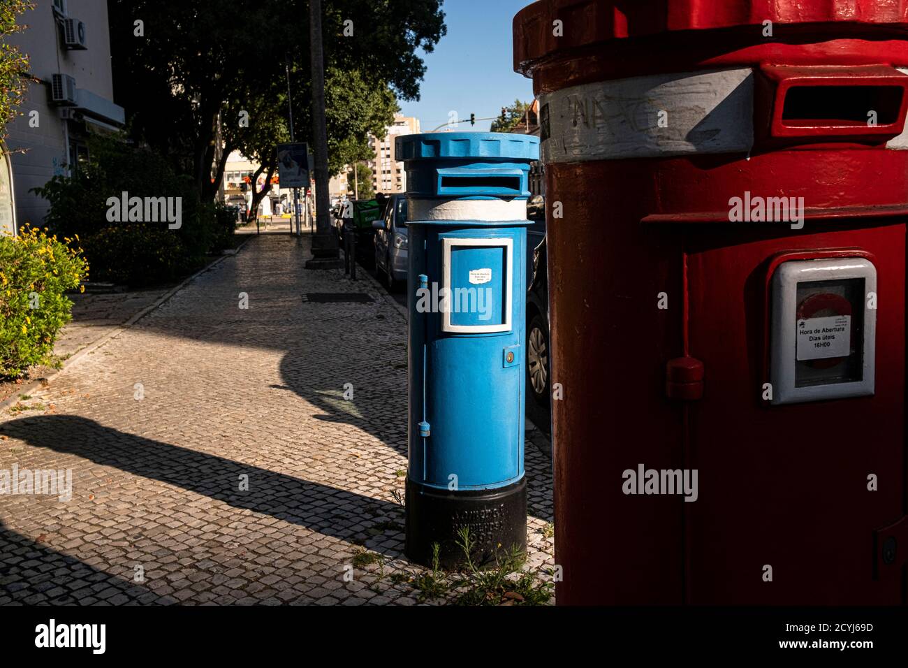 Lisbon, Portugal 09 June 2020 Red and blue post office boxes Stock
