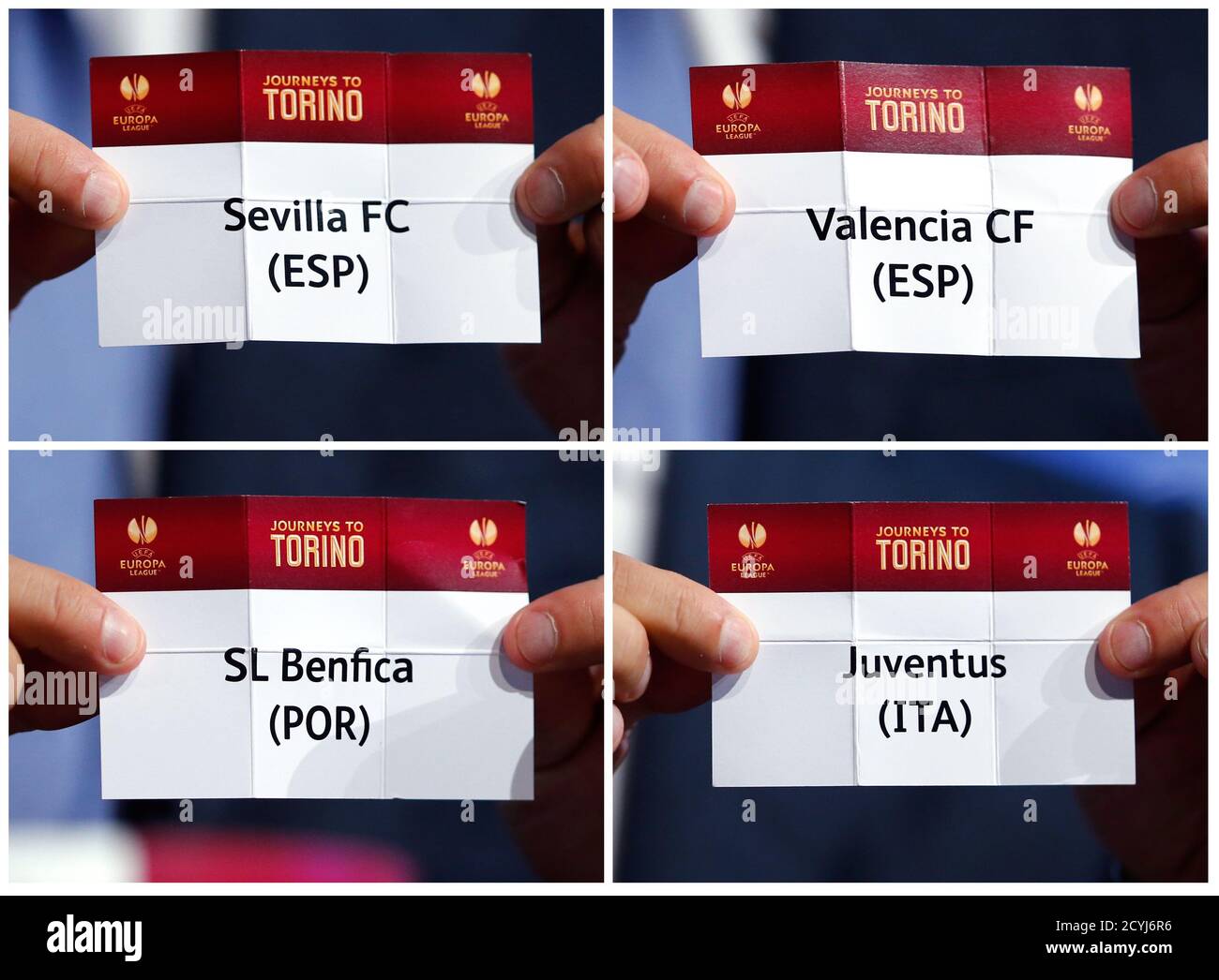 A combination photo shows ballot papers carrying clubs names (L-R top to  bottom) Sevilla FC, Valencia FC, SL Benfica and Juventus held by final  ambassador Ciro Ferrara during the draw for the