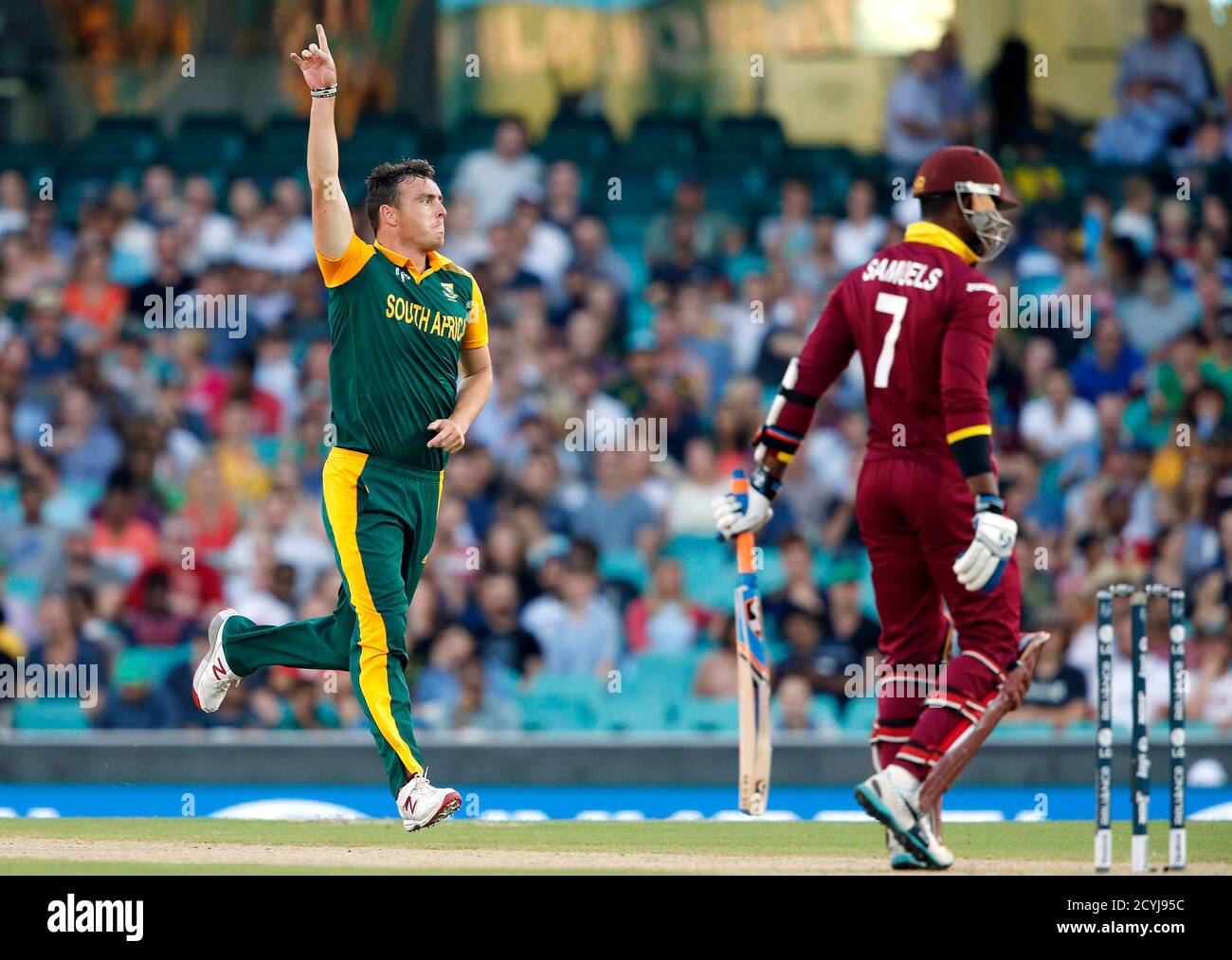 South Africa's Kyle Abbott (L) celebrates dismissing West Indies