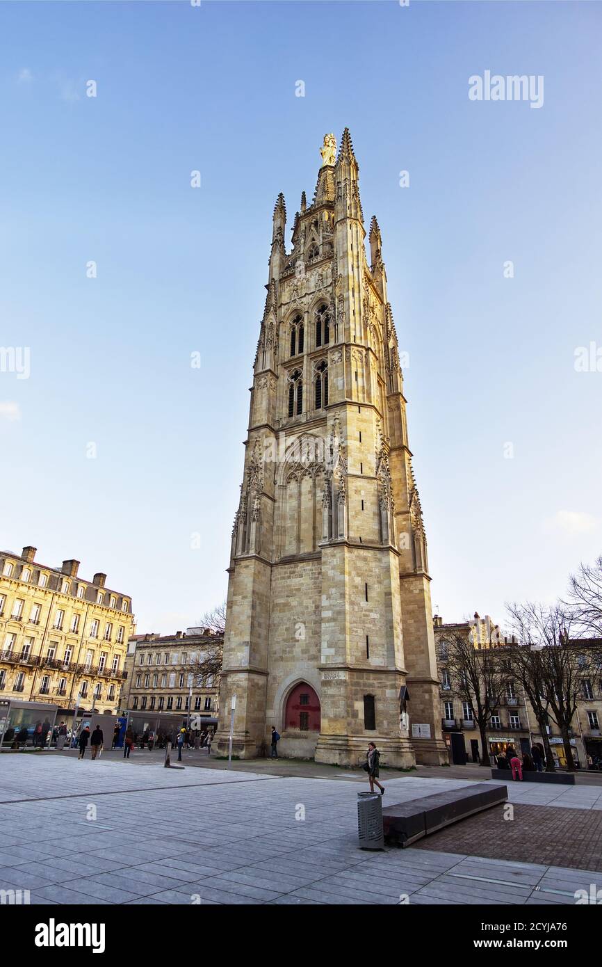 2020 02, Bordeaux, France. View of the Pey Berland tower, separate bell tower of the Saint-André Cathedral. Stock Photo