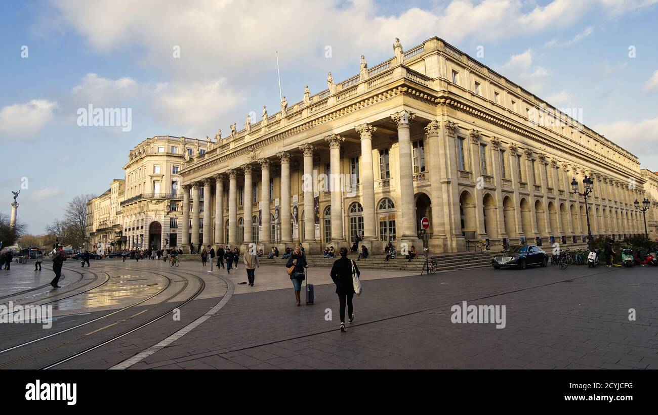 2020 02, Bordeaux, France. Pedestrians passing in front of the opera at Comedy square. Stock Photo