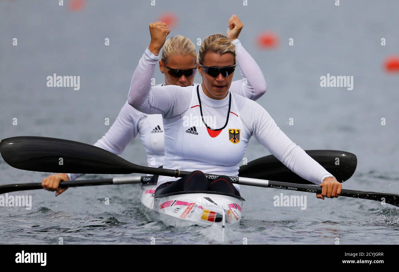Germany's Franziska Weber and Tina Dietze react after competing in the  women's kayak double (K2) 500m semifinal at the Eton Dorney during the  London 2012 Olympic Games August 7, 2012. REUTERS/Darren Whiteside (