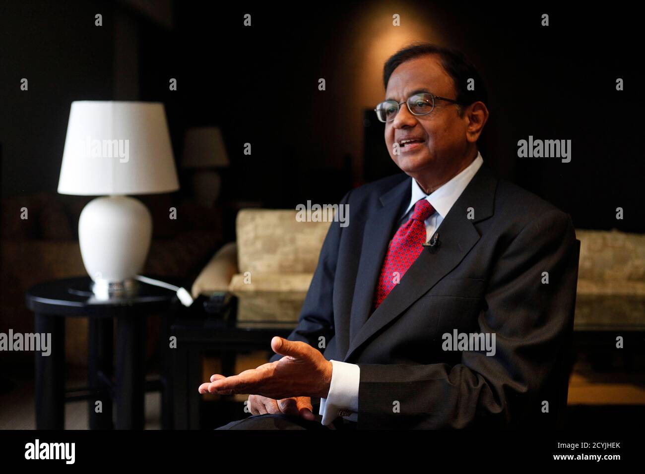 India's Finance Minister P. Chidambaram speaks during an interview with Reuters at a hotel during his visit for the G20 meeting in Mexico City November 4, 2012. India's economy should expand by 5.5 percent to 6.0 percent this year and growth should then return to 7 percent next year, Chidambaram told Reuters on Sunday, and said inflation was at an 'unacceptable level'. The G20 meeting of finance ministers and central bank governors in Mexico will take place from November 4 to 5. To match Interview INDIA-GDP/ REUTERS/Edgard Garrido (MEXICO - Tags: BUSINESS POLITICS) Stock Photo