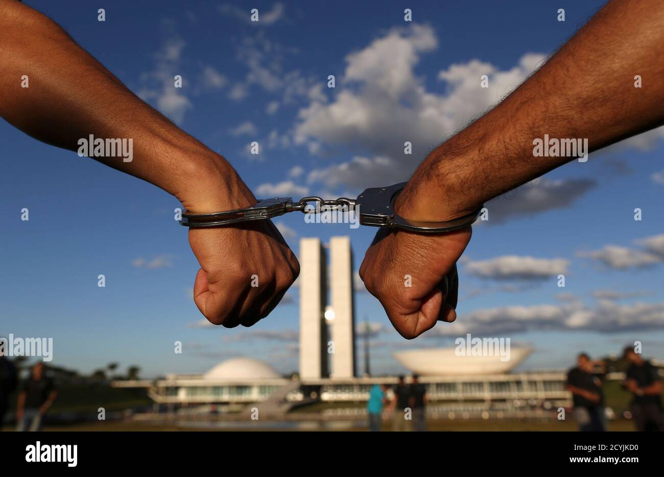 Prison Guards Cuff Themselves As They Protest In Front Of The Congress Building In Brasilia July 9 2013 According To The Demonstrators The Prison Guards Are Calling For President Dilma Rousseff To