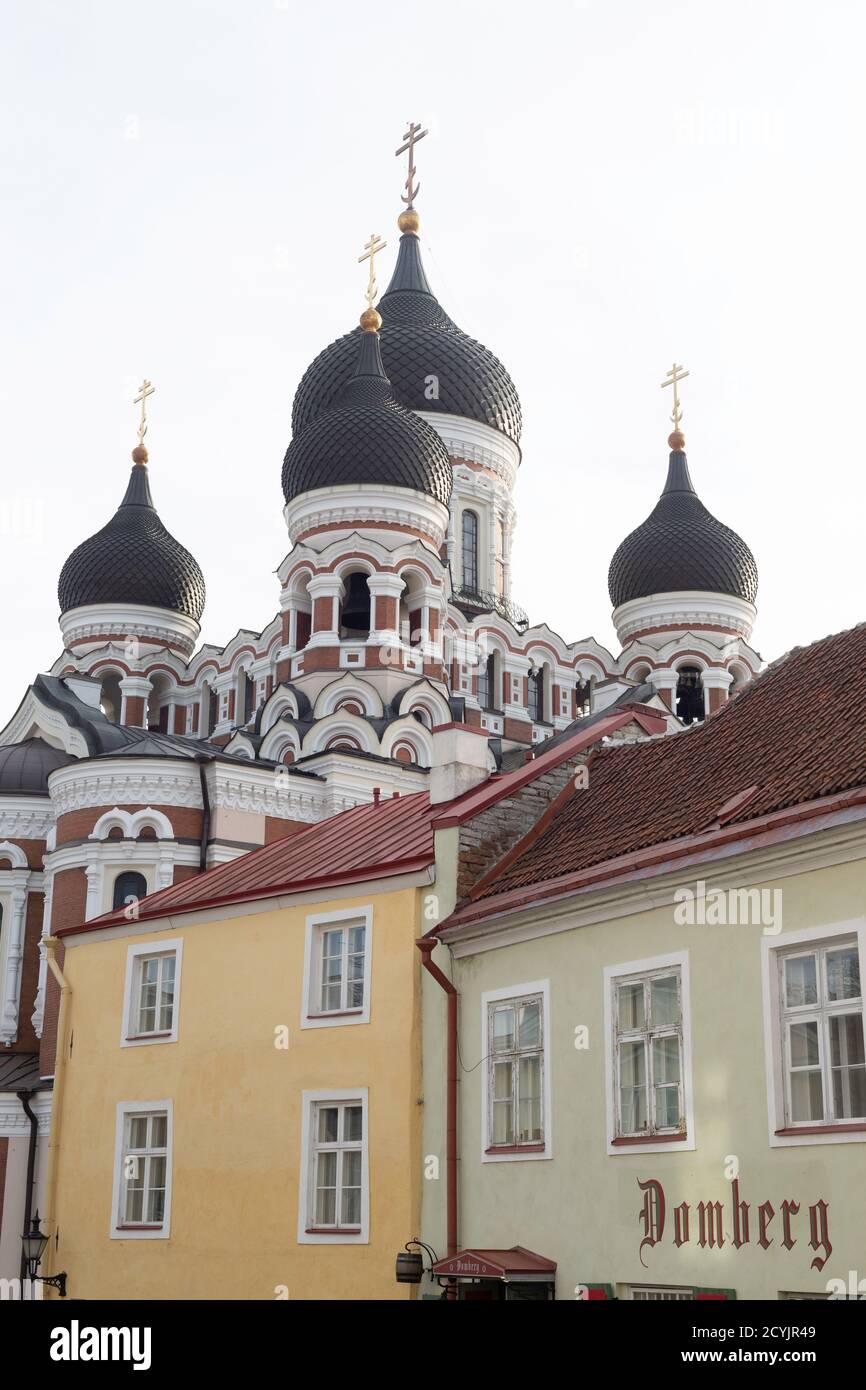 Estonia Tallinn, Old Town, City Centre, medieval buildings, Alexander Nevsky Cathedral behind old town housing. Stock Photo