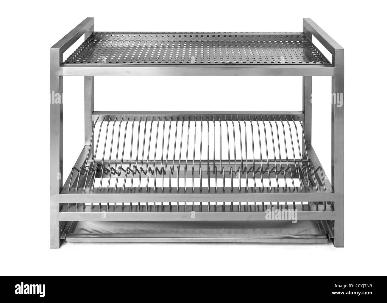 Metal industrial kitchen shelf of stainless steel isolated on white