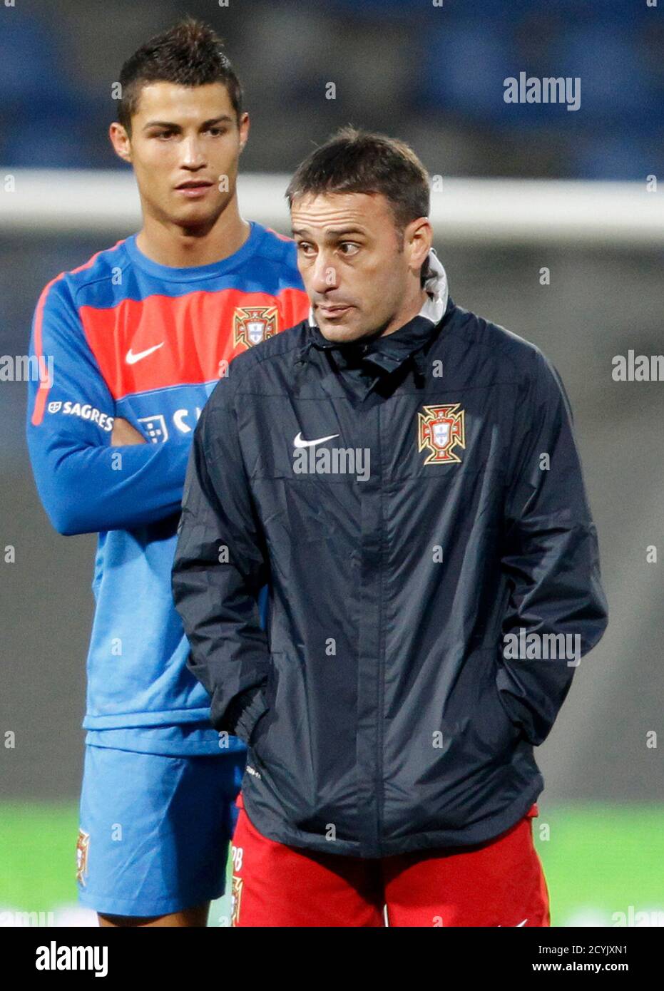 Portugal S Coach Paulo Bento R Watches A Training Session With Player Cristiano Ronaldo Ahead Of Their Group H Euro 12 Soccer Qualification Match Against Iceland In Reykjavik October 11 10 Portugal Brimming