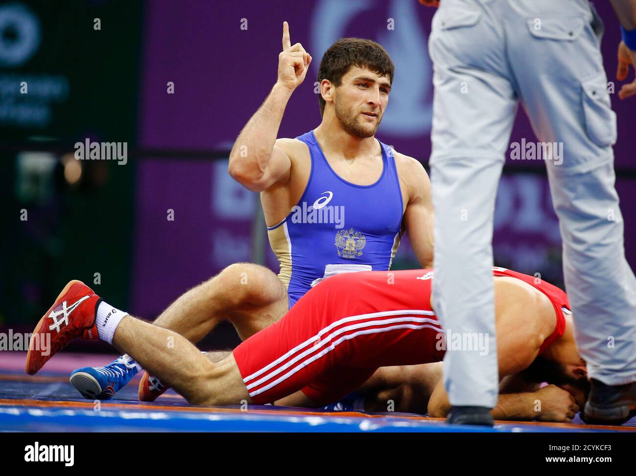 Aniuar Geduev of Russia reacts after winning his gold medal fight of the  Men's 74Kg freestyle wrestling against Soner Demirtas of Turkey at the 1st  European Games in Baku, Azerbaijan, June 17 ,