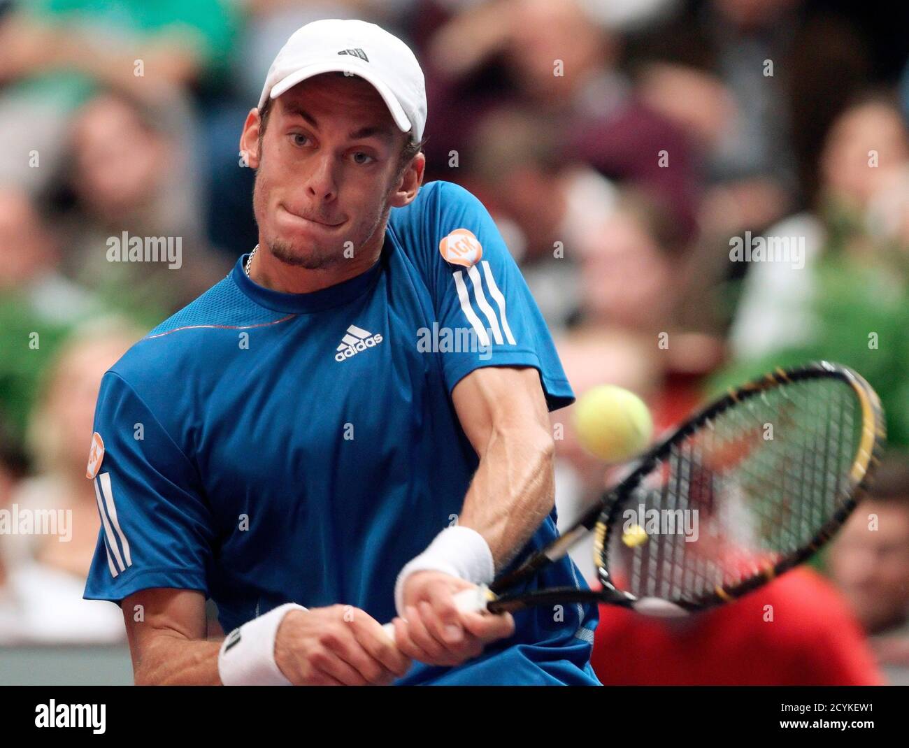 Andreas Haider-Maurer of Austria returns a ball to Michael Berrer of  Germany in their Vienna Open semi-final tennis match October 30, 2010.  REUTERS/Heinz-Peter Bader (AUSTRIA - Tags: SPORT TENNIS Stock Photo -
