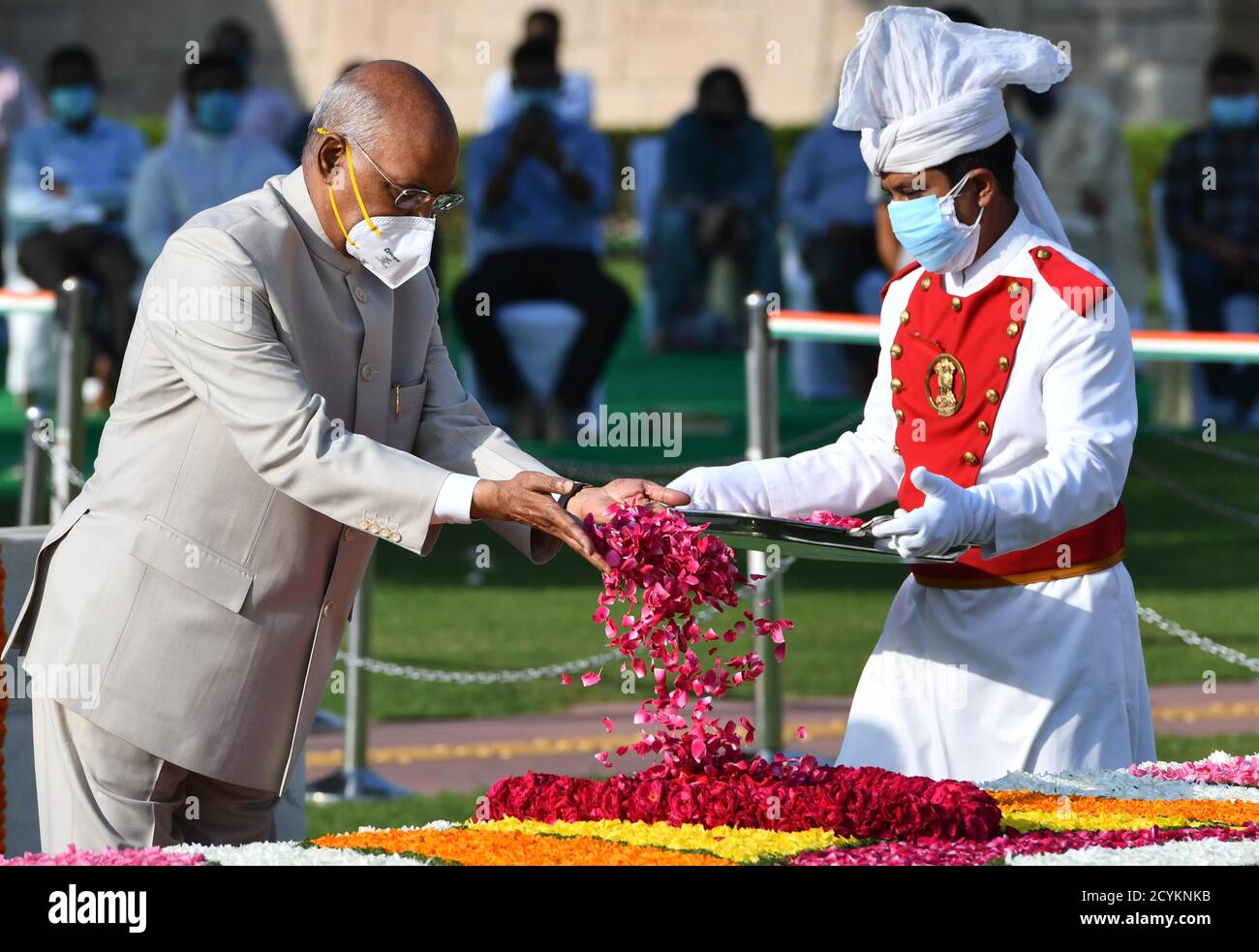 New Delhi, India. 2nd Oct, 2020. Indian President Ram Nath Kovind pays floral tribute to commemorate the birth anniversary of Mahatma Gandhi at Rajghat, the memorial of Mahatma Gandhi in New Delhi, India, Oct. 2, 2020. The 151st birthday of Mahatma Gandhi, India's 'Father of the Nation,' was celebrated on Friday. Credit: Partha Sarkar/Xinhua/Alamy Live News Stock Photo