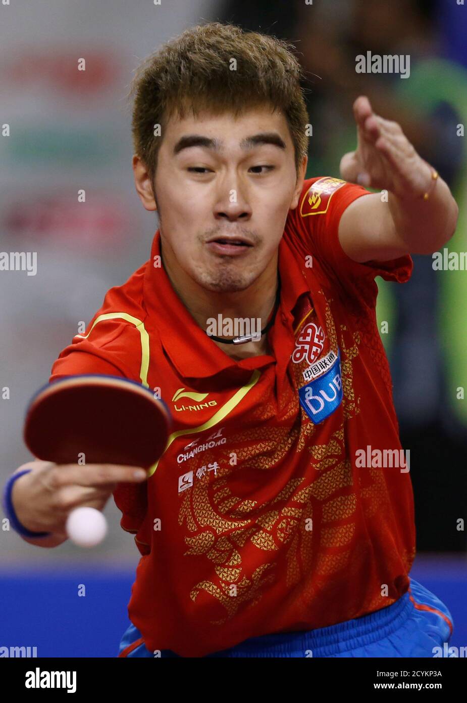 China's Yan An plays a shot against compatriot Ma Long during the men's  singles final table tennis match at the ITTF Pro Tour Qatar Open in Doha  February 24, 2013. REUTERS/Fadi Al-Assaad (