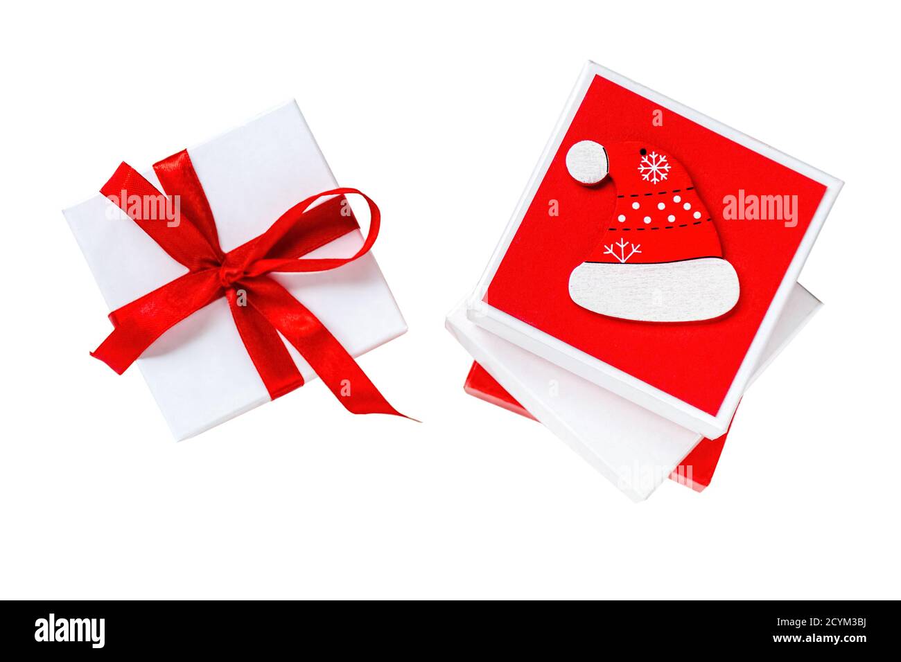 Top view gift boxes white and red color with Christmas gifts. Isolated ...