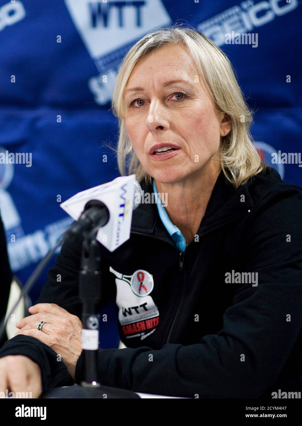 Martina Navratilova speaks at a news conference for the World Team Tennis Smash Hits fundraiser in Washington November 15, 2010. The event will raise money for the Elton John AIDS Foundation and local Washington, D.C. Area AIDS charities, according to the World Team Tennis website. REUTERS/Joshua Roberts  (UNITED STATES - Tags: SPORT ENTERTAINMENT TENNIS) Stock Photo