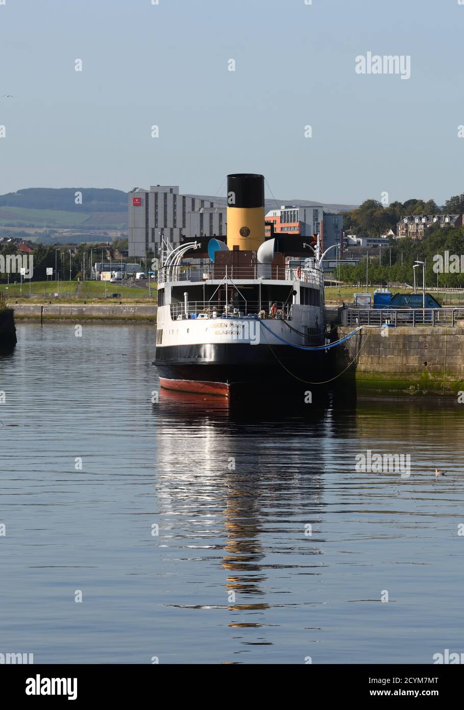 The Queen Mary, freshly painted, continues on her restoration journey at her berth in Cessnock Dock, Pacific Quay, Glasgow, Scotland, Europe Stock Photo