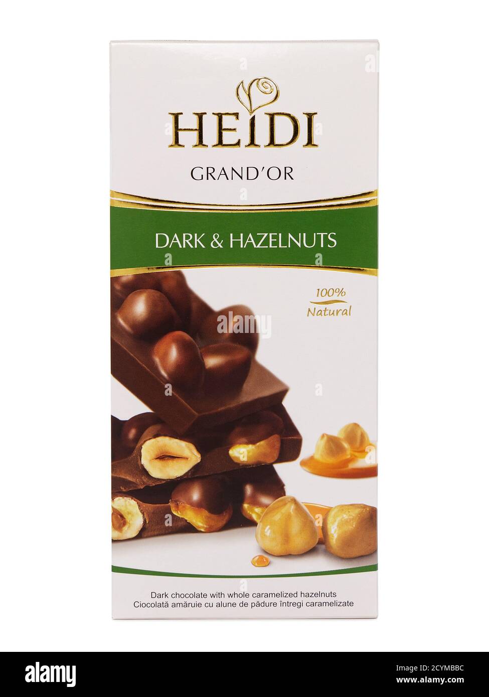 BUCHAREST, ROMANIA - AUGUST 25, 2015. Heidi Grand'or, dark chocolate bar with hazelnuts, isolated on white Stock Photo