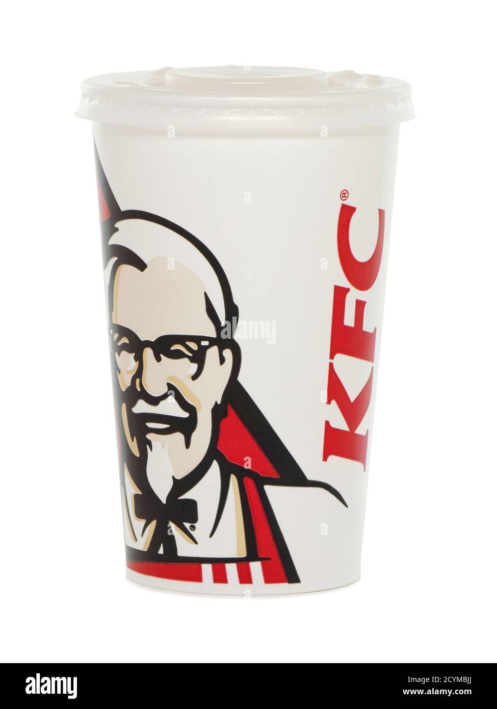 BUCHAREST, ROMANIA - September 1, 2015. KFC soda paper cup with colonel Sanders on it. KFC, Kentucky Fried Chicken, is a fast food restaurant chain th Stock Photo