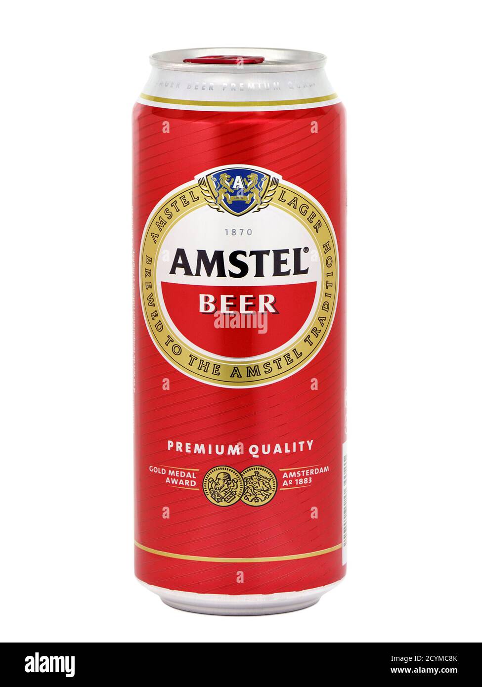 BUCHAREST, ROMANIA - AUGUST 3, 2015. Can of Amstel Beer. Amstel Brewery is a Dutch brewery founded on 11 June 1870 in Amsterdam Stock Photo