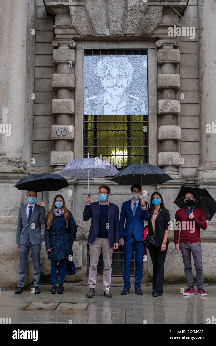 Milan, Italy. 02nd Oct, 2020. MILAN, sulla facciata di palazzo Marino e stato affisso un un dipinto che raffigura l attivista egiziano Patrick Zaky ingiustamente carcerato nel suo paese Ritratto di parole dedicato a Patrick Zaky dell artista Francesca Grosso (Massimo Alberico/Fotogramma, Milan - 2020-10-02) p.s. la foto e' utilizzabile nel rispetto del contesto in cui e' stata scattata, e senza intento diffamatorio del decoro delle persone rappresentate Credit: Independent Photo Agency/Alamy Live News Stock Photo