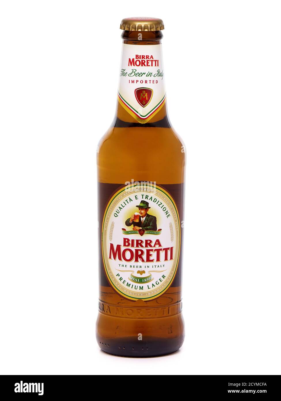 BUCHAREST, ROMANIA - AUGUST 4, 2015. Bottle of Birra Moretti, Premium Lager Beer isolated on white Stock Photo