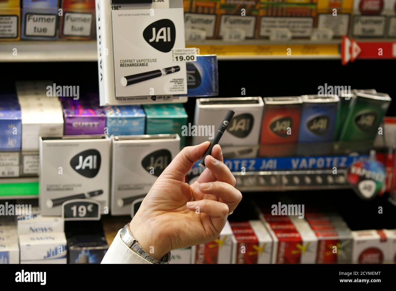 The new e-cigarette Jai is displayed in a tobacco shop in Paris February 9,  2015. Imperial Tobacco Group Plc is launching a new e-cigarette in France  this week, giving the big tobacco