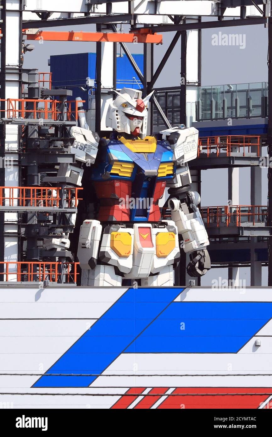 Yokohama, Japan. 2nd Oct, 2020. A 18-meter tall robot Gundam stands at a  warf in Yokohama, suburban Tokyo on October 2, 2020. The full scale Gundam,  originated from a TV animation, can