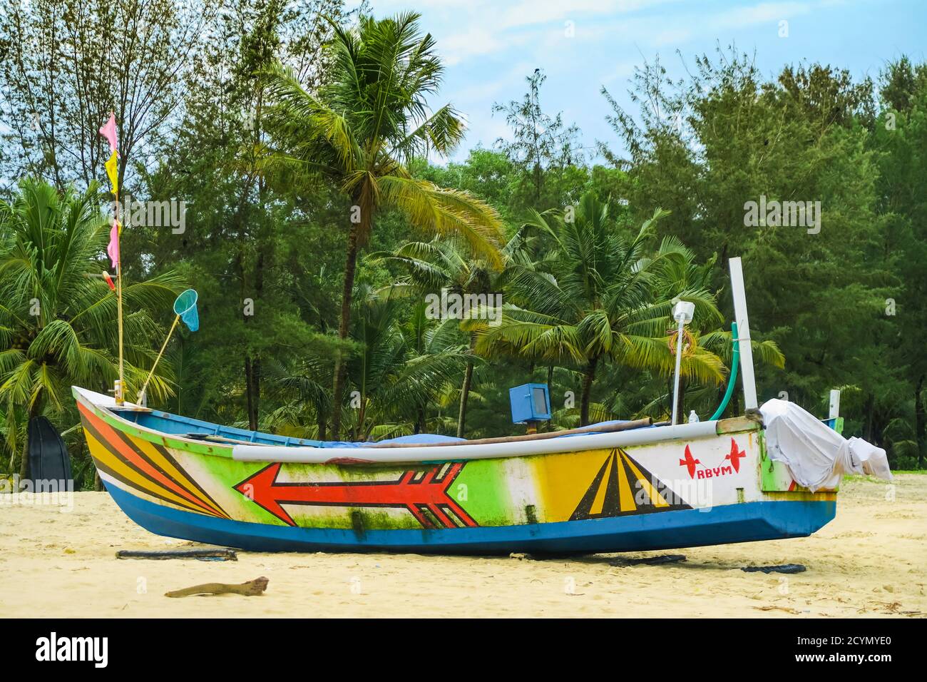 Colourfully decorated fishing boat on popular Marari Beach; Mararikulam,  Alappuzha (Alleppey), Kerala, India Stock Photo - Alamy