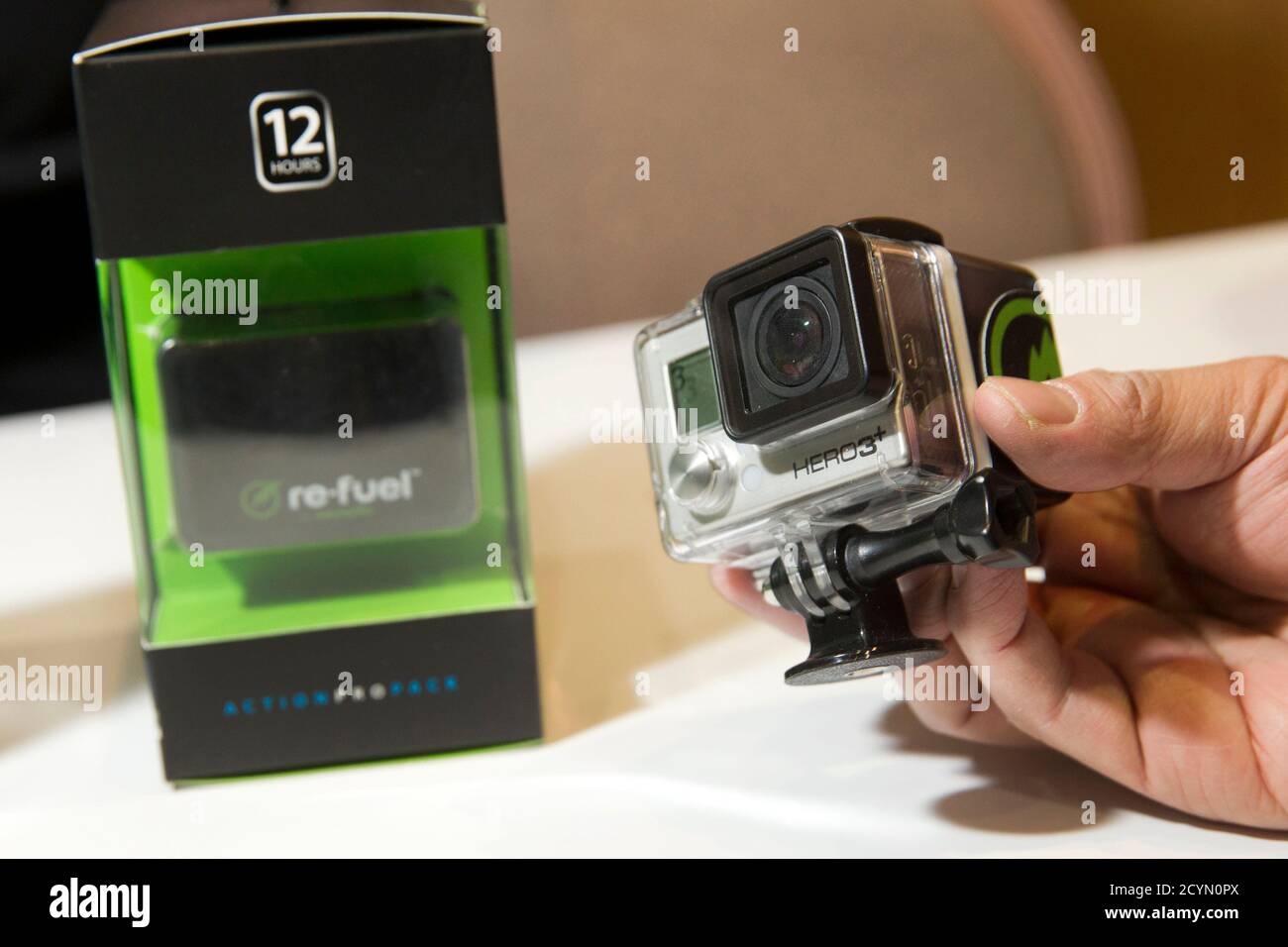 A Re-fuel rechargeable battery for GoPro Hero cameras is displayed during  the 2015 International Consumer Electronics Show (CES) in Las Vegas, Nevada  January 4, 2015. The battery gives 12 hours of power,