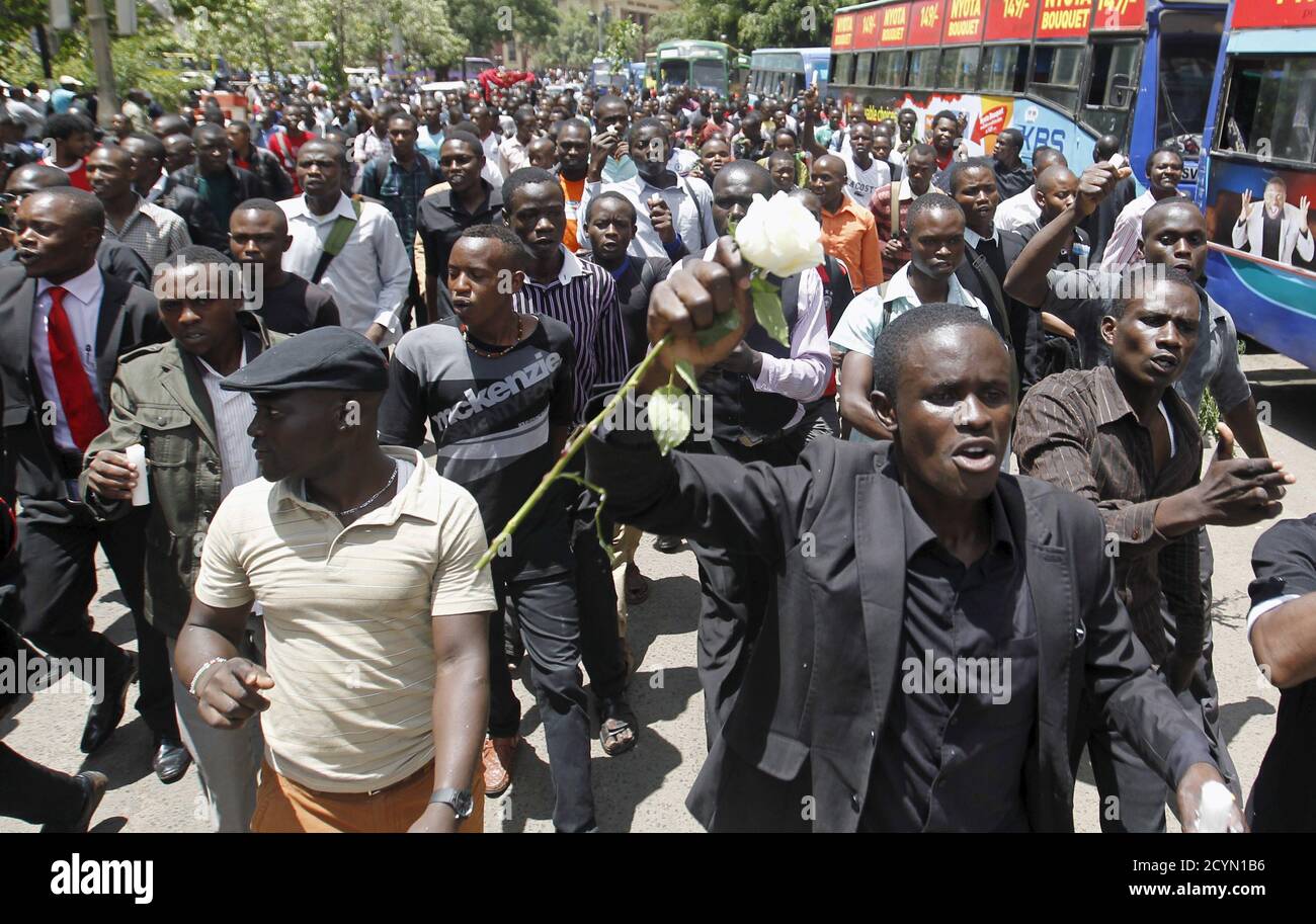 Kenyan university students participate in a demonstration against an attack by gunmen at the Garissa University College campus, along the streets of the capital Nairobi, April 7, 2015. The Kenyan air force has destroyed two al Shabaab camps in Somalia, it said on Monday, in the first major military response since the Islamist group massacred students at the Garissa University College campus last week. REUTERS/Thomas Mukoya Stock Photo