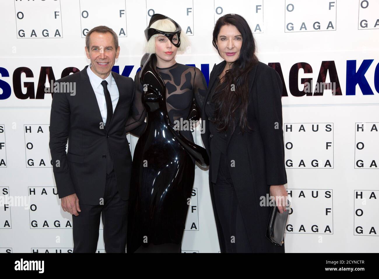 Lady Gaga C Poses With Artists Jeff Koons L And Marina Abramovic During The Artrave Release Event Of Lady Gaga S New Album Artpop In New York November 10 2013 The Event Included