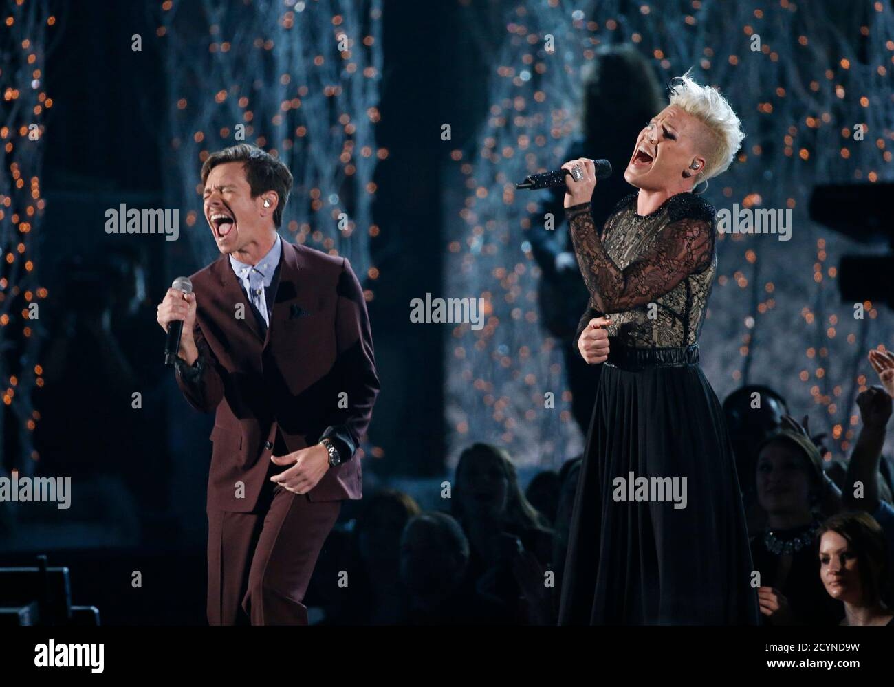 Pink performs "Just Give Me A Reason" with Nate Ruess, from the band Fun,  at the 56th annual Grammy Awards in Los Angeles, California January 26,  2014. REUTERS/Mario Anzuoni (UNITED STATES -