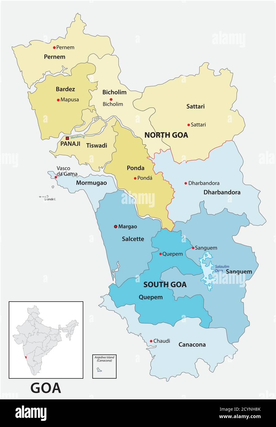 Administrative and political vector map of the Indian state of Goa Stock Vector