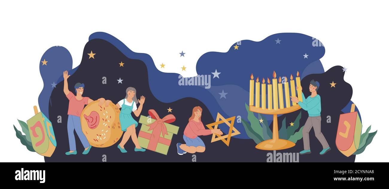 Holiday banner with cute children celebrating Hanukkah, flat vector illustration. Stock Vector