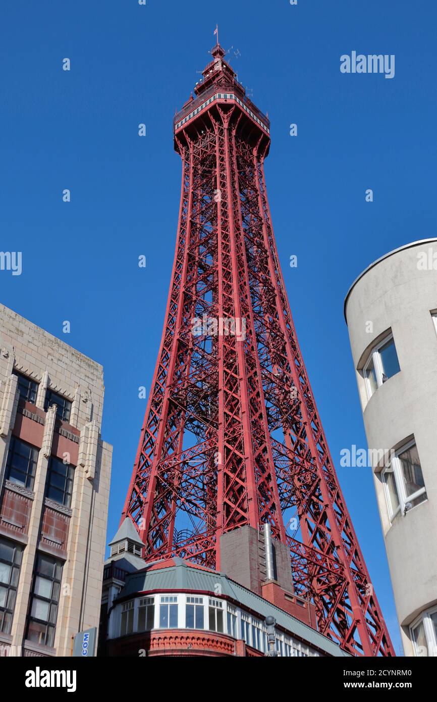 Blackpool tower viewed from the south east Blackpool Dungeon Entrance Stock Photo