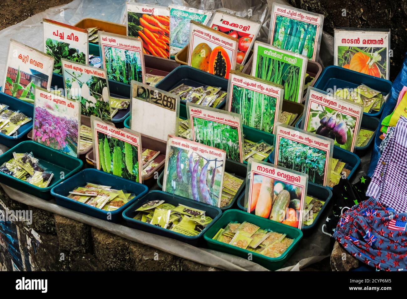 Packets of seeds for growing vegetables for sale at a stall near the city's central market. City