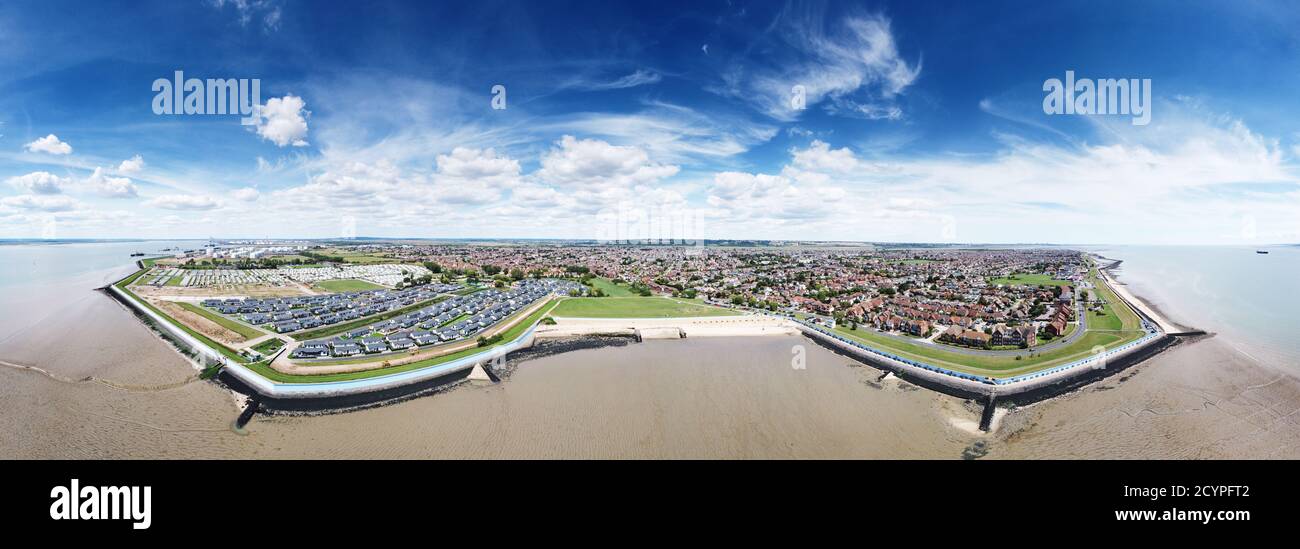 aerial viewfrom the sea of canvey island of Thorney Bay Beach in essex ...