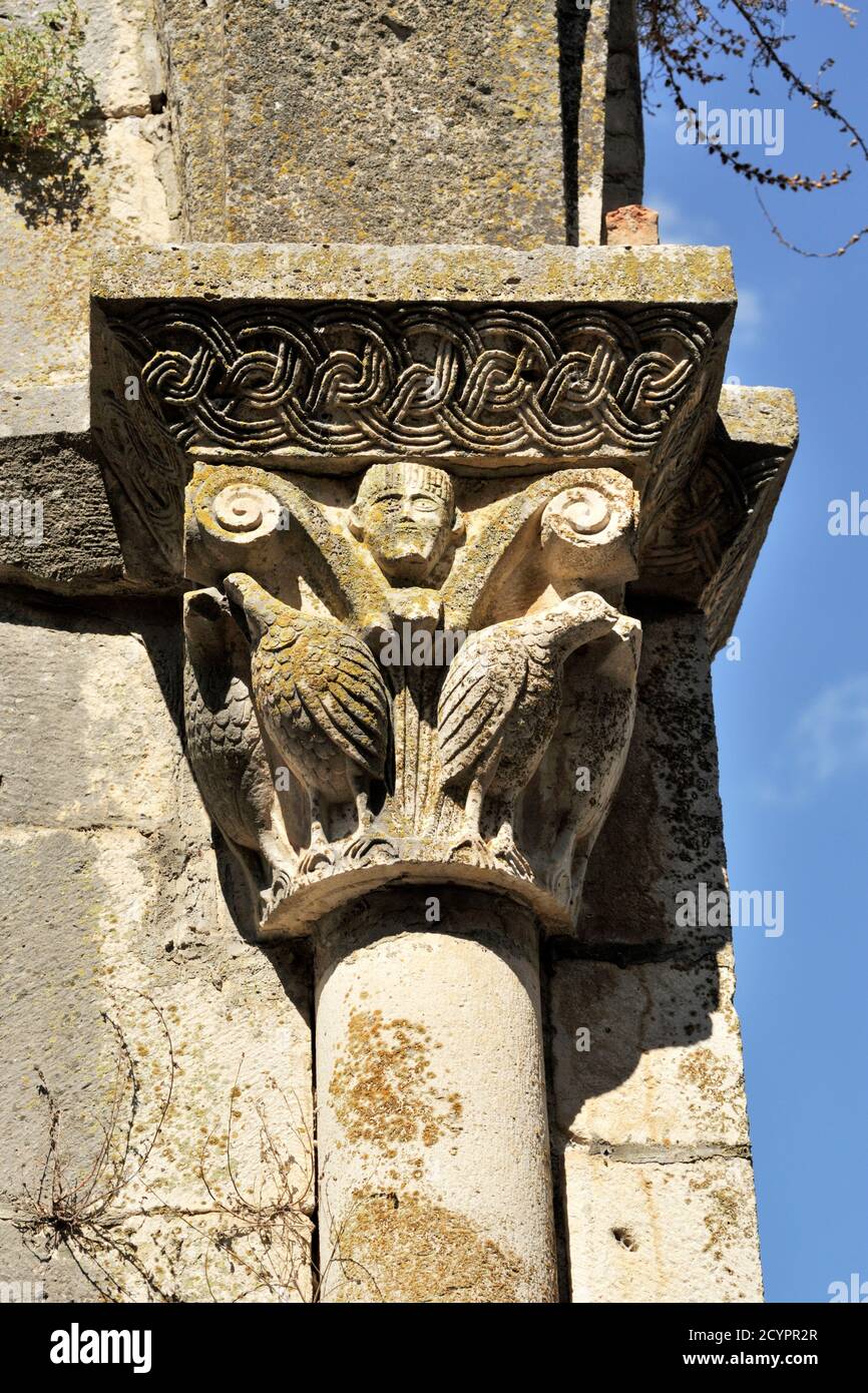 italy, basilicata, venosa, trinity abbey, the unfinished church, column capital close up Stock Photo