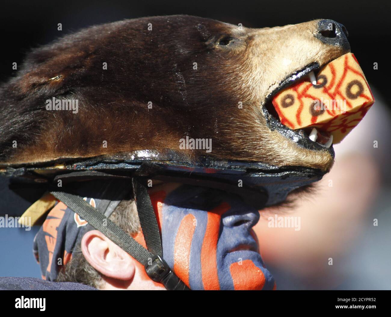 Chicago Bears fan wears a hat depicting 