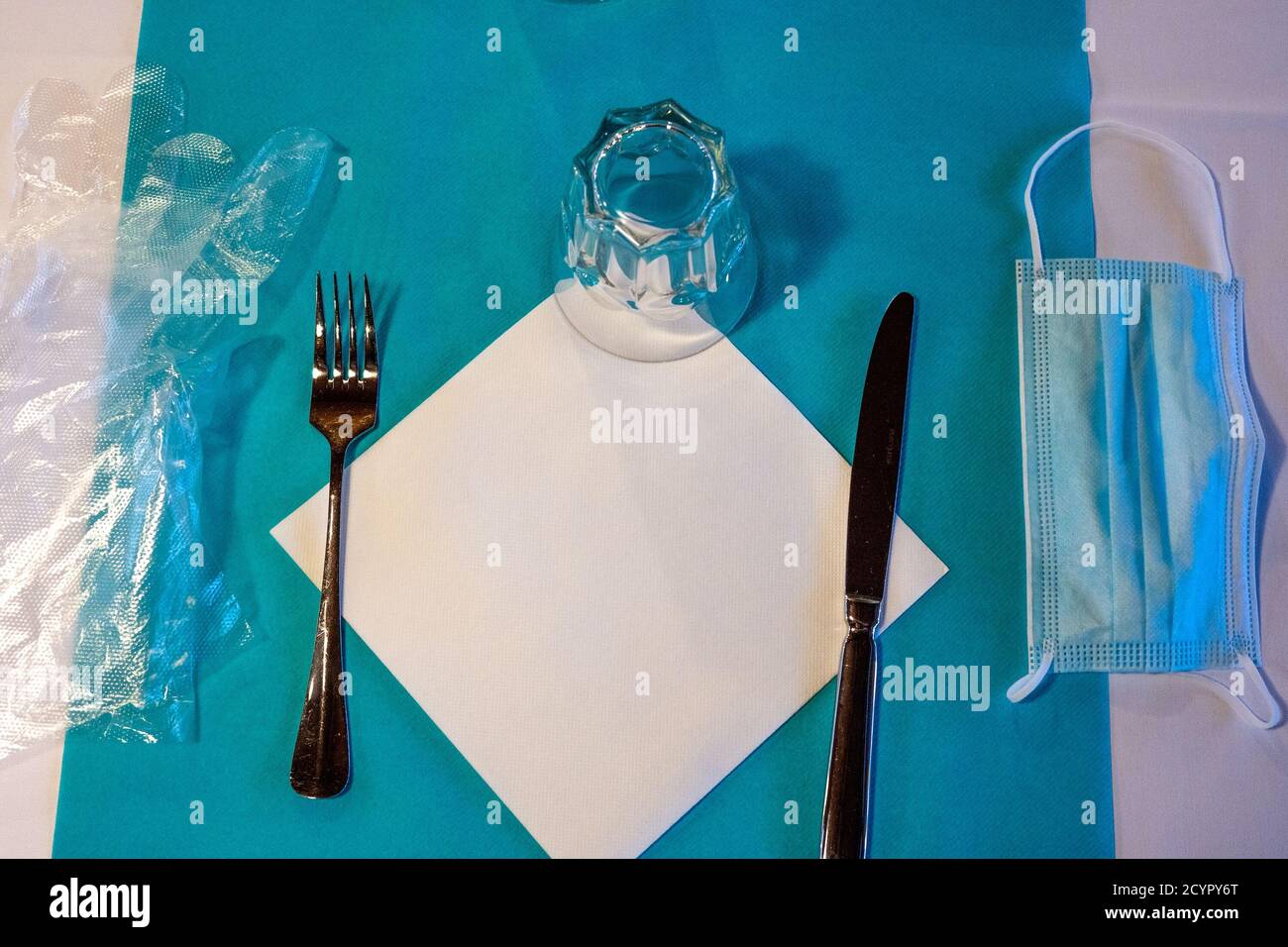 Table setting at the hotel on the french riviera. wearing a mask and gloves to take a food in the buffet is required. Hight quality photo Stock Photo