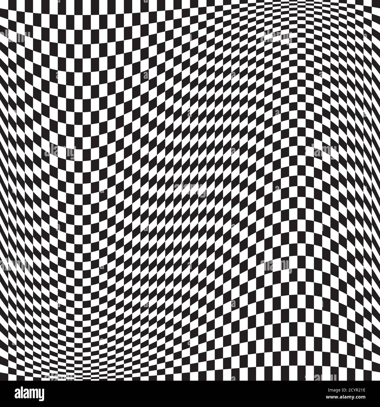 Wavy, waving version Checkered, chequered, chessboard surface with distortion, deformation effect. Distort, deform squares background, pattern. Stock Vector