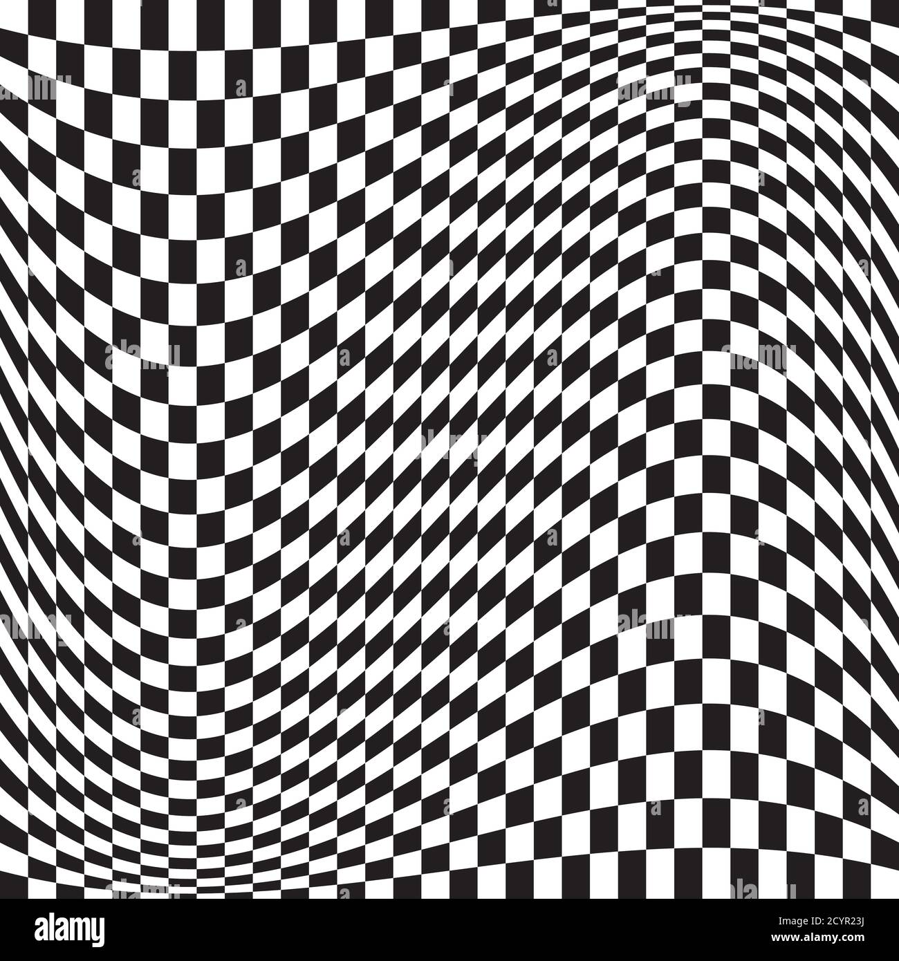 Wavy, waving version Checkered, chequered, chessboard surface with distortion, deformation effect. Distort, deform squares background, pattern. Stock Vector