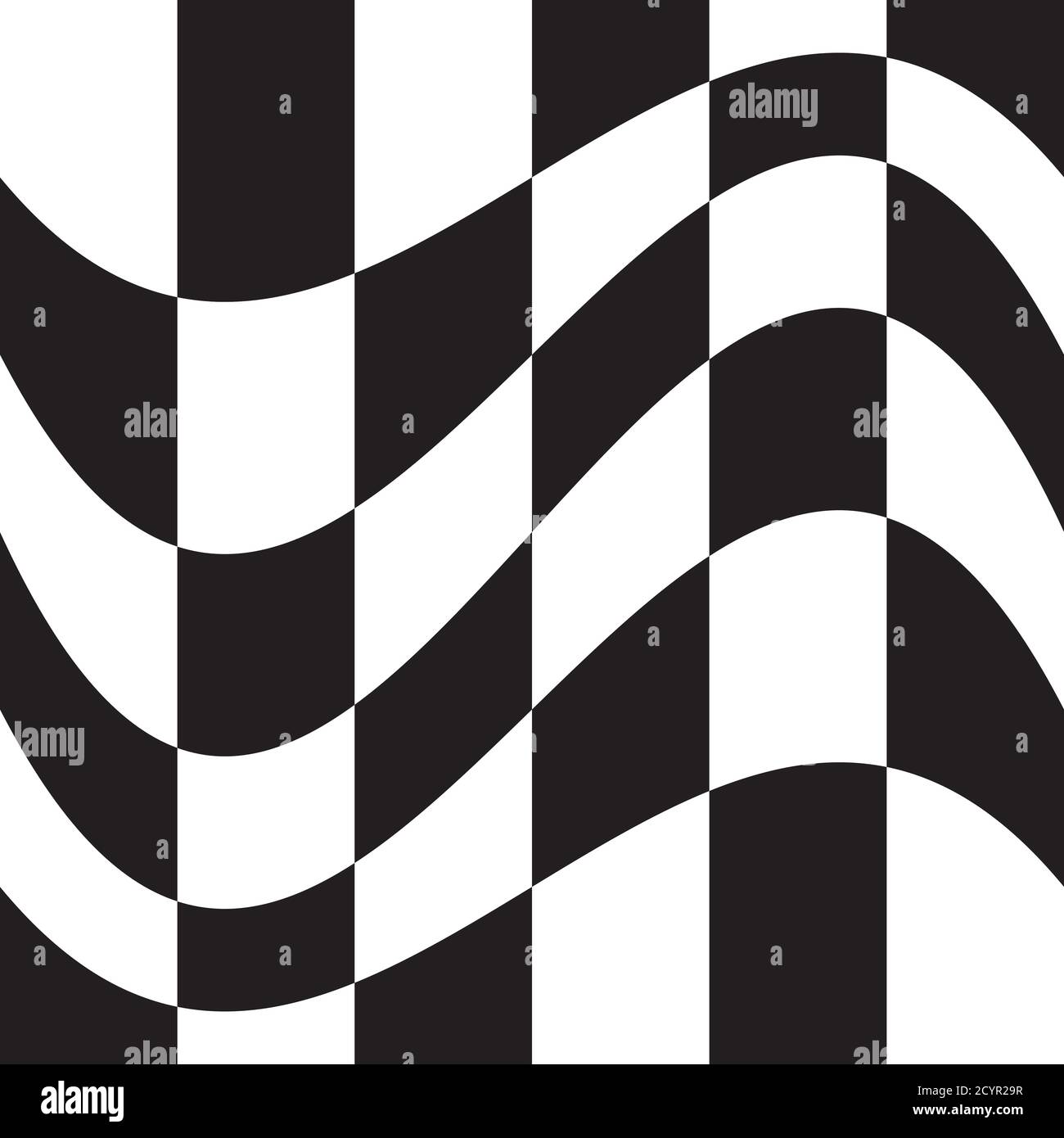 Wavy, waving version Checkered, chequered, chessboard surface with distortion, deformation effect. Distort, deform squares background, pattern. Stock Vector