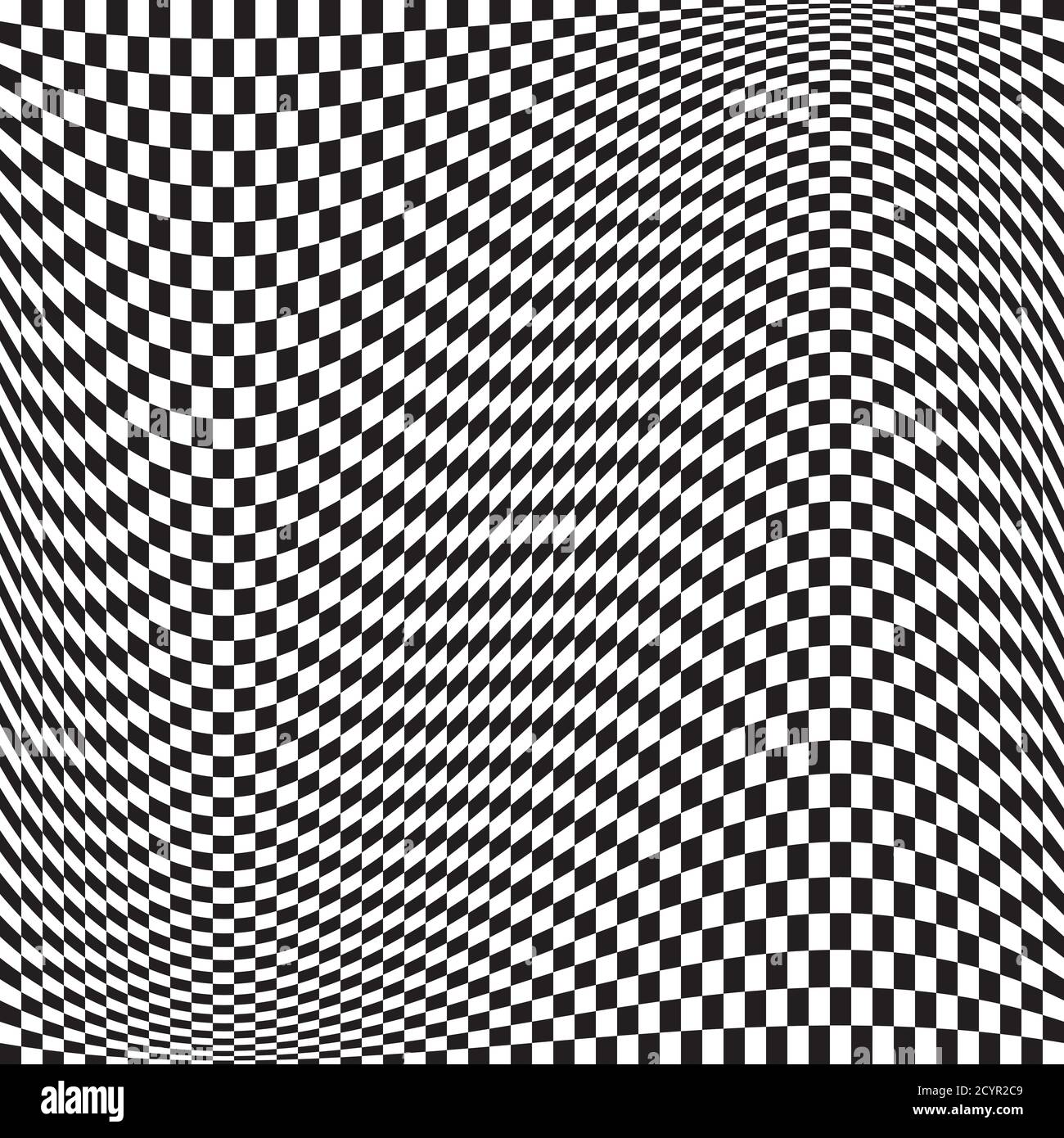 Wavy, waving version Checkered, chequered, chessboard surface with distortion, deformation effect. Distort, deform squares background, pattern. Stock Vector