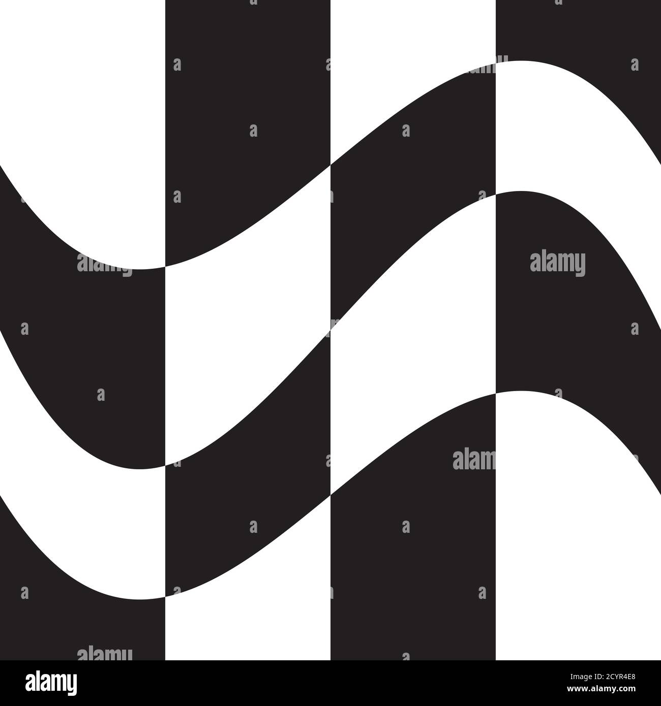 Wavy, waving version Checkered, chequered, chessboard surface with distortion, deformation effect. Distort, deform squares background, pattern. Stock Vector