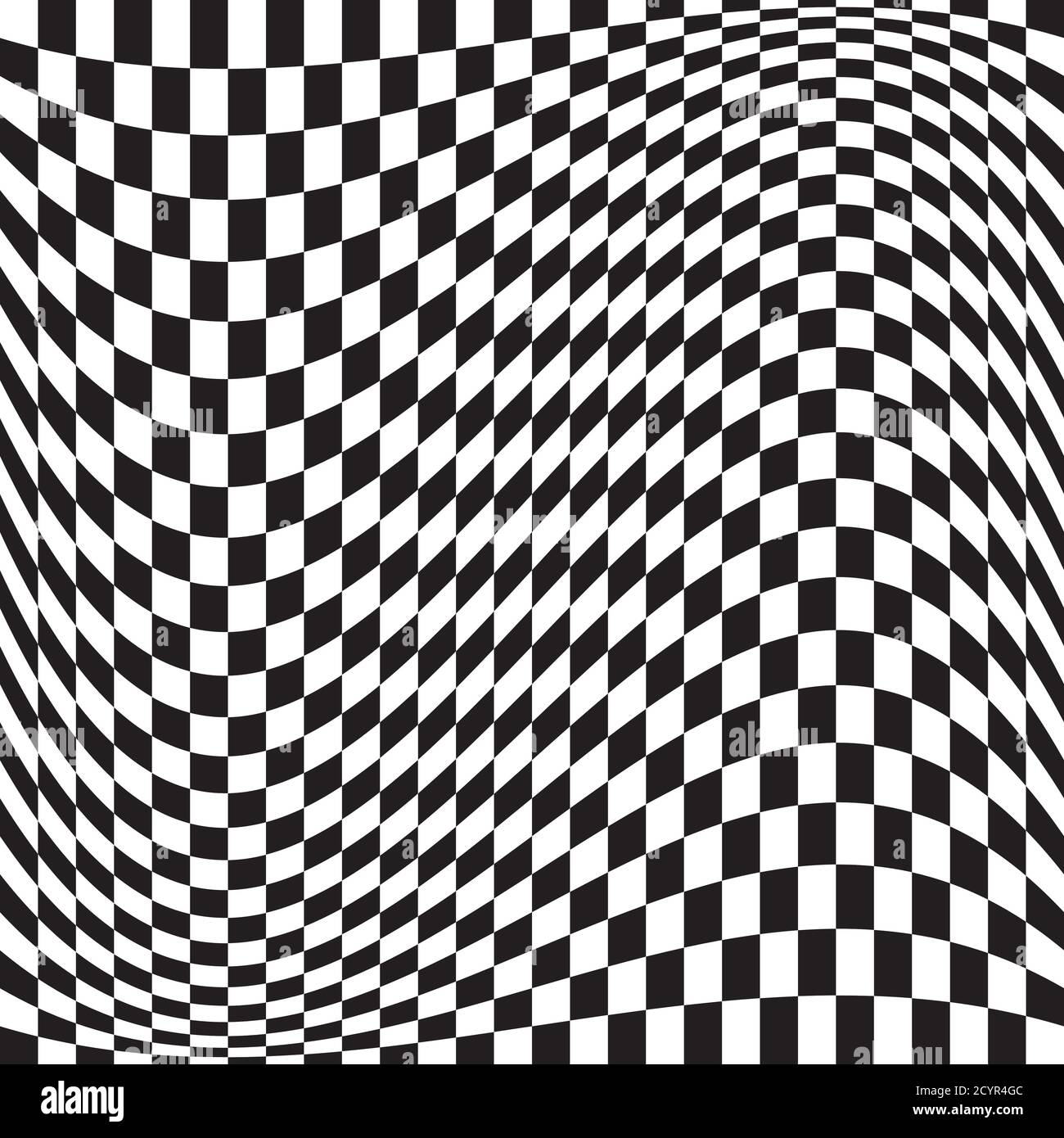 Wavy, waving version Checkered, chequered, chessboard surface with distortion, deformation effect. Distort, deform squares background, pattern. Stock Vector