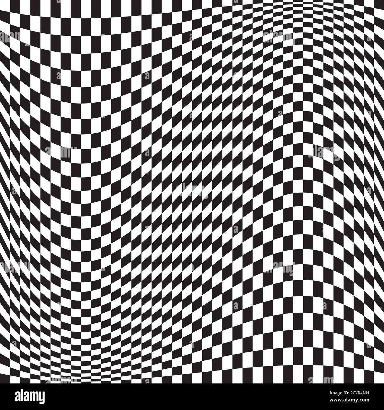 Wavy, waving version Checkered, chequered, chessboard surface with distortion, deformation effect. Distort, deform squares background, pattern. Stock Vector